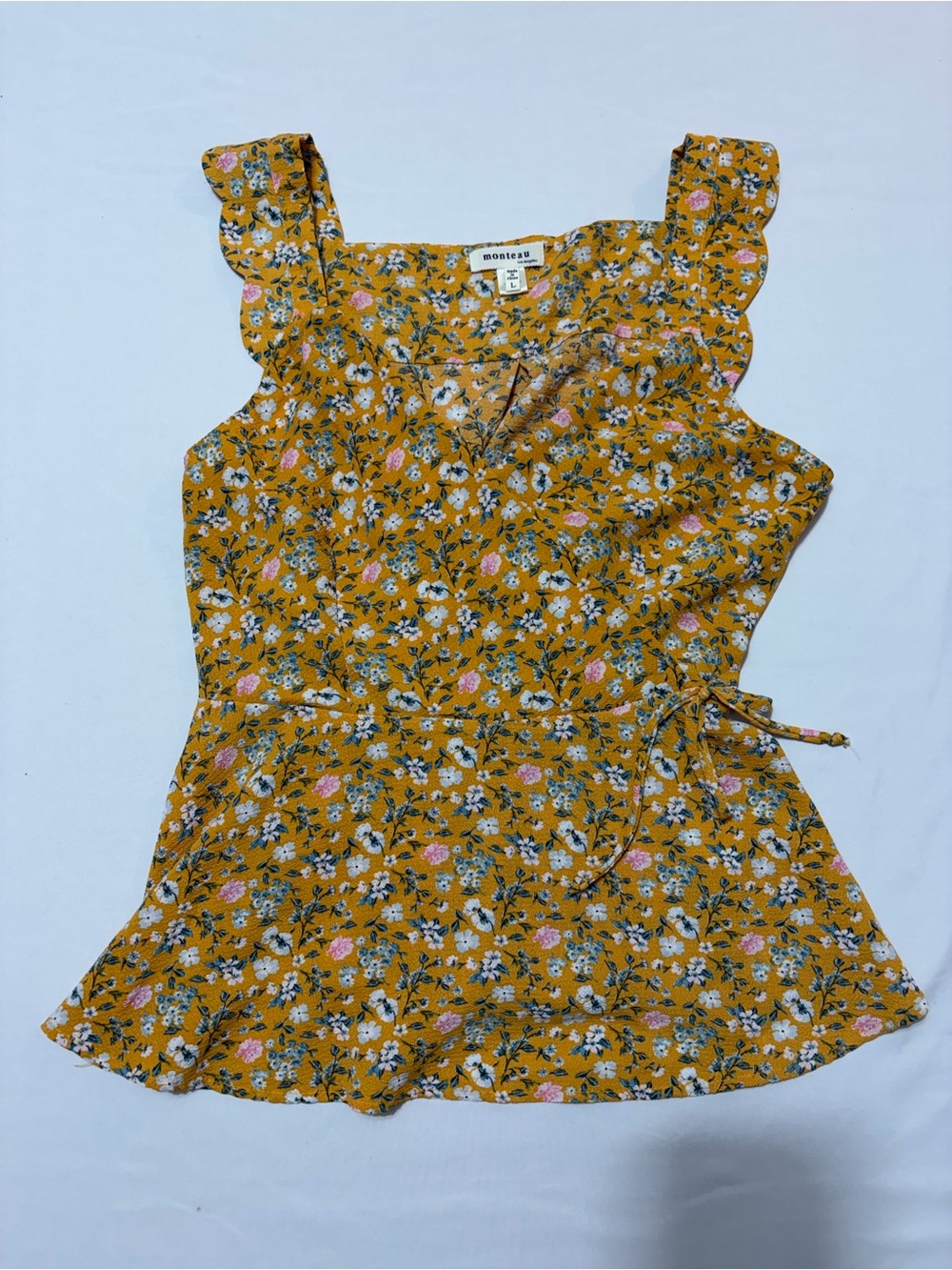 Monteau Mustard Yellow Floral Wrap Peplum Tank Large Ruffle Cottagecore Ditsy